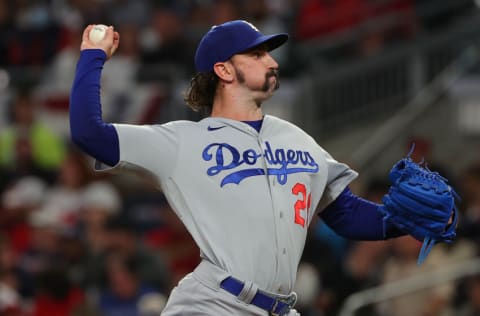 ATLANTA, GEORGIA - OCTOBER 16: Tony Gonsolin #26 of the Los Angeles Dodgers delivers a pitch during the fourth inning of Game One of the National League Championship Series against the Atlanta Braves at Truist Park on October 16, 2021 in Atlanta, Georgia. (Photo by Kevin C. Cox/Getty Images)