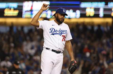 LOS ANGELES, CALIFORNIA - OCTOBER 21: Kenley Jansen #74 of the Los Angeles Dodgers celebrates after the final out of the ninth inning of Game Five of the National League Championship Series against the Atlanta Braves at Dodger Stadium on October 21, 2021 in Los Angeles, California. The Dodgers defeated the Braves 11-2. (Photo by Harry How/Getty Images)