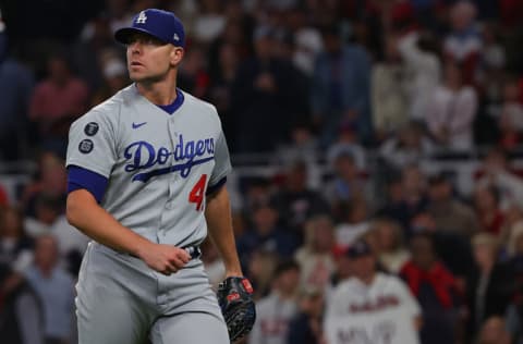 ATLANTA, GEORGIA - OCTOBER 23: Blake Treinen #49 of the Los Angeles Dodgers reacts after the final out of the sixth inning of Game Six of the National League Championship Series against the Atlanta Braves at Truist Park on October 23, 2021 in Atlanta, Georgia. (Photo by Kevin C. Cox/Getty Images)