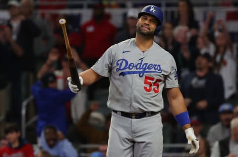 ATLANTA, GEORGIA - OCTOBER 23: Albert Pujols #55 of the Los Angeles Dodgers reacts to a strike out during the seventh inning of Game Six of the National League Championship Series against the Atlanta Braves at Truist Park on October 23, 2021 in Atlanta, Georgia. (Photo by Kevin C. Cox/Getty Images)