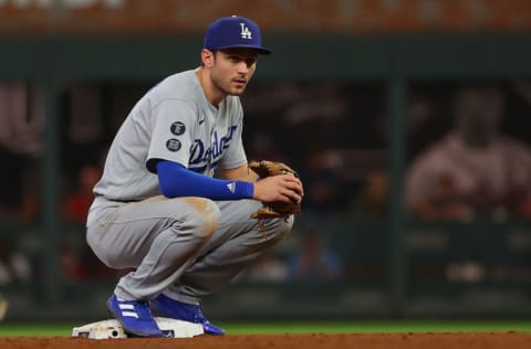 ATLANTA, GEORGIA - OCTOBER 23: Trea Turner #6 of the Los Angeles Dodgers waits on second base during the seventh inning of Game Six of the National League Championship Series against the Atlanta Braves at Truist Park on October 23, 2021 in Atlanta, Georgia. (Photo by Kevin C. Cox/Getty Images)