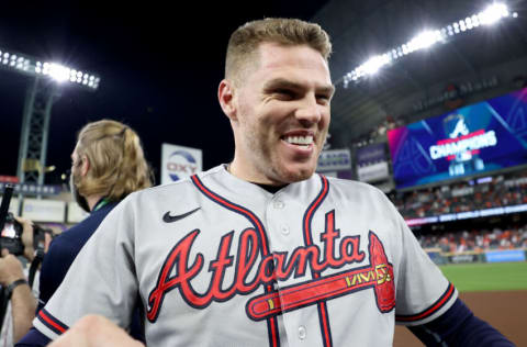 HOUSTON, TEXAS - NOVEMBER 02: Freddie Freeman #5 of the Atlanta Braves celebrates with teammates after their 7-0 victory against the Houston Astros in Game Six to win the 2021 World Series at Minute Maid Park on November 02, 2021 in Houston, Texas. (Photo by Carmen Mandato/Getty Images)