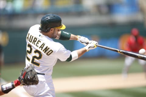 OAKLAND, CA – JULY 20: Ramón Laureano #22 of the Oakland Athletics bats during the game against the Los Angeles Angels at RingCentral Coliseum on July 20, 2021 in Oakland, California. The Athletics defeated the Angels 6-0. (Photo by Michael Zagaris/Oakland Athletics/Getty Images)