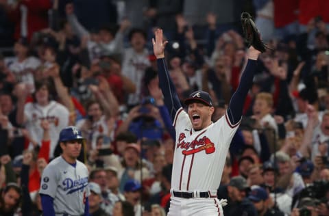 ATLANTA, GEORGIA - OCTOBER 23: Freddie Freeman #5 of the Atlanta Braves celebrates after defeating the Los Angeles Dodgers in Game Six of the National League Championship Series at Truist Park on October 23, 2021 in Atlanta, Georgia. The Braves defeated the Dodgers 4-2 to advance to the 2021 World Series. (Photo by Kevin C. Cox/Getty Images)