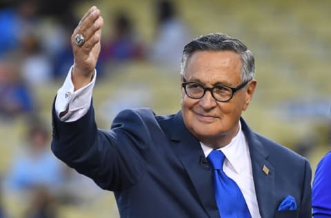 LOS ANGELES, CA - SEPTEMBER 21: Longtime Los Angeles Dodgers broadcaster Jaime Jarrin acknowledges the crowd after being inducted into the Dodger Stadium Ring of Honor the game against the San Diego Paders at Dodger Stadium on September 2, 2018 in Los Angeles, California. (Photo by Jayne Kamin-Oncea/Getty Images)