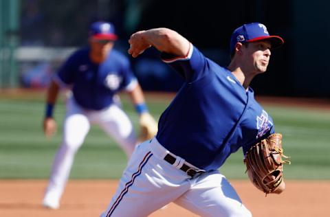 SURPRISE, ARIZONA - MARCH 01: Relief pitcher Sam Gaviglio #37 of the Texas Rangers pitches against the San Francisco Giants during the fourth inning of the MLB spring training game on March 01, 2021 in Surprise, Arizona. (Photo by Christian Petersen/Getty Images)