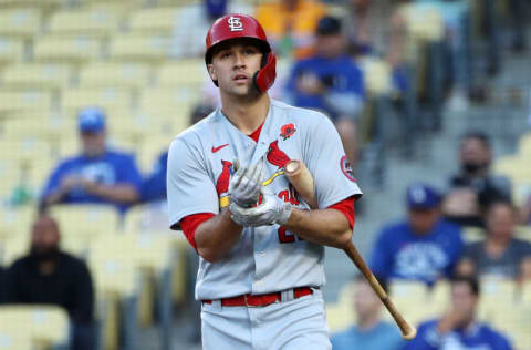 LOS ANGELES, CALIFORNIA - MAY 31: Jack Flaherty #22 of the St. Louis Cardinals at bat during the third inning against the Los Angeles Dodgers at Dodger Stadium on May 31, 2021 in Los Angeles, California. (Photo by Katelyn Mulcahy/Getty Images)