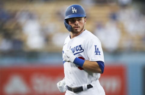 LOS ANGELES, CALIFORNIA - JUNE 14: Gavin Lux #9 of the Los Angeles Dodgers looks off during the game against the Philadelphia Phillies at Dodger Stadium on June 14, 2021 in Los Angeles, California. (Photo by Meg Oliphant/Getty Images)