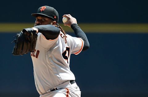 MILWAUKEE, WISCONSIN - AUGUST 08: Johnny Cueto #47 of the San Francisco Giants pitches against the Milwaukee Brewers in the first inning at American Family Field on August 08, 2021 in Milwaukee, Wisconsin. (Photo by Patrick McDermott/Getty Images)