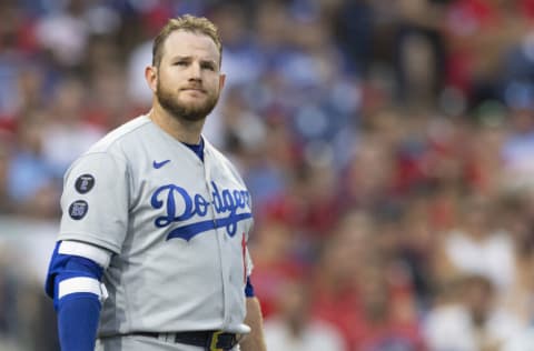 PHILADELPHIA, PA - AUGUST 11: Max Muncy #13 of the Los Angeles Dodgers looks on against the Philadelphia Phillies at Citizens Bank Park on August 11, 2021 in Philadelphia, Pennsylvania. The Dodgers defeated the Phillies 8-2. (Photo by Mitchell Leff/Getty Images)