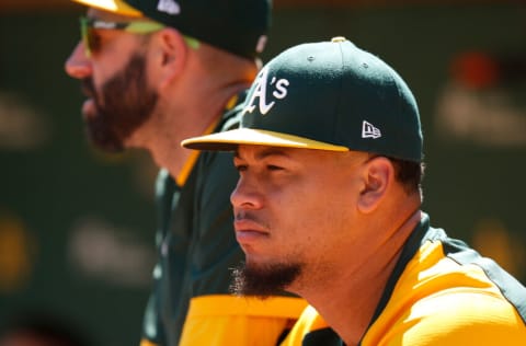 OAKLAND, CALIFORNIA - SEPTEMBER 11: Frankie Montas #47 of the Oakland Athletics looks on from the dugout during the game against the Texas Rangers at RingCentral Coliseum on September 11, 2021 in Oakland, California. (Photo by Lachlan Cunningham/Getty Images)