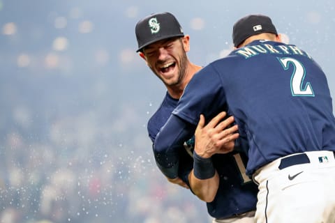 Mitch Haniger #17 and Tom Murphy #2 of the Seattle Mariners (Photo by Steph Chambers/Getty Images)