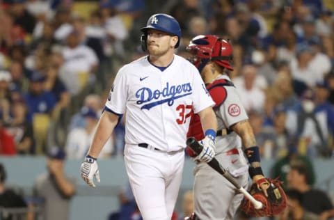 LOS ANGELES, CALIFORNIA - OCTOBER 06: Luke Raley #37 of the Los Angeles Dodgers reacts after striking out in the fifth inning against the St. Louis Cardinals during the National League Wild Card Game at Dodger Stadium on October 06, 2021 in Los Angeles, California. (Photo by Sean M. Haffey/Getty Images)