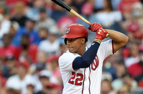 WASHINGTON, DC - OCTOBER 03: Juan Soto #22 of the Washington Nationals bats against the Boston Red Sox at Nationals Park on October 03, 2021 in Washington, DC. (Photo by G Fiume/Getty Images)