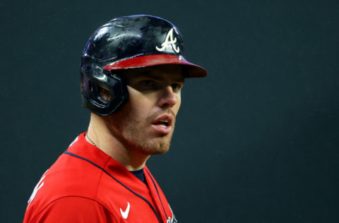 ATLANTA, GEORGIA - OCTOBER 29: Freddie Freeman #5 of the Atlanta Braves looks on after advancing to third base against the Houston Astros during the third inning in Game Three of the World Series at Truist Park on October 29, 2021 in Atlanta, Georgia. (Photo by Kevin C. Cox/Getty Images)