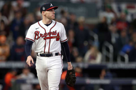 ATLANTA, GEORGIA - OCTOBER 31: Freddie Freeman #5 of the Atlanta Braves looks on against the Houston Astros during the third inning in Game Five of the World Series at Truist Park on October 31, 2021 in Atlanta, Georgia. (Photo by Elsa/Getty Images)