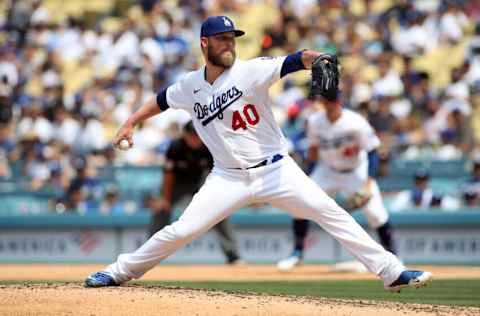 LOS ANGELES, CA - JULY 25: Jimmy Nelson #40 of the Los Angeles Dodgers pitches during the game against the Colorado Rockies at Dodger Stadium on July 25, 2021 in Los Angeles, California. The Dodgers defeated the Rockies 3-2. (Photo by Rob Leiter/MLB Photos via Getty Images)