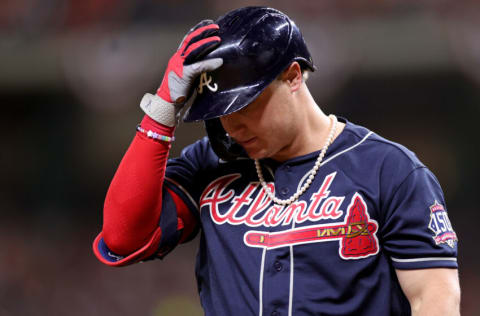 HOUSTON, TEXAS - OCTOBER 27: Joc Pederson #22 of the Atlanta Braves reacts after striking out against the Houston Astros during the fourth inning in Game Two of the World Series at Minute Maid Park on October 27, 2021 in Houston, Texas. (Photo by Carmen Mandato/Getty Images)