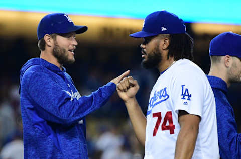 LOS ANGELES, CA - APRIL 21: Kenley Jansen #74 and Clayton Kershaw #22 of the Los Angeles Dodgers celebrate after Jansen earns a save against the Washington Nationals at Dodger Stadium on April 21, 2018 in Los Angeles, California. (Photo by Jayne Kamin-Oncea/Getty Images)