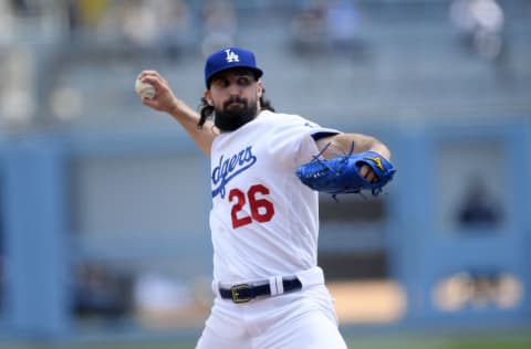 LOS ANGELES, CA - APRIL 20: Starting pitcher Tony Gonsolin #26 of the Los Angeles Dodgers throws a pitch during the first inning against the Atlanta Braves at Dodger Stadium on April 20, 2022 in Los Angeles, California. (Photo by Kevork Djansezian/Getty Images)