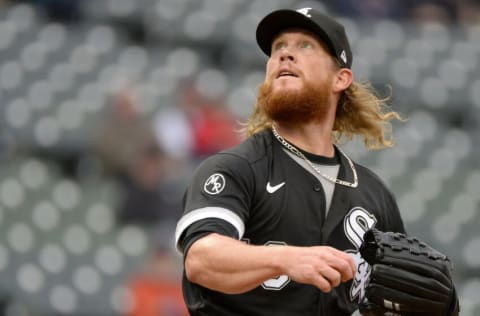 CLEVELAND - SEPTEMBER 23: Craig Kimbrel #46 of the Chicago White Sox looks on during the first game of a doubleheader against the Cleveland Indians on September 23, 2021 at Progressive Field in Cleveland, Ohio. (Photo by Ron Vesely/Getty Images)