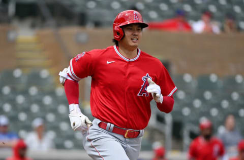 SCOTTSDALE, ARIZONA - MARCH 29: Shohei Ohtani #17 of the Los Angeles Angels runs out of the batters box to first base during a spring training game against the Colorado Rockies at Salt River Fields at Talking Stick on March 29, 2022 in Scottsdale, Arizona. (Photo by Norm Hall/Getty Images)