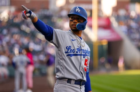 DENVER, CO - APRIL 9: Mookie Betts #50 of the Los Angeles Dodgers points towards the stands before the first inning against the Colorado Rockies at Coors Field on April 9, 2022 in Denver, Colorado. (Photo by Justin Edmonds/Getty Images)