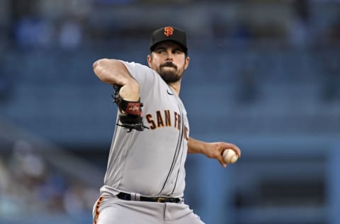 LOS ANGELES, CA - MAY 03: Starting pitcher Carlos Rodon #16 of the San Francisco Giants throws against the Los Angeles Dodgers during the first inning at Dodger Stadium on May 3, 2022 in Los Angeles, California. (Photo by Kevork Djansezian/Getty Images)