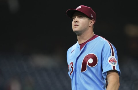 PHILADELPHIA, PA - MAY 05: Corey Knebel #23 of the Philadelphia Phillies looks on after the top of the ninth inning against the New York Mets at Citizens Bank Park on May 5, 2022 in Philadelphia, Pennsylvania. The Mets defeated the Phillies 8-7. (Photo by Mitchell Leff/Getty Images)