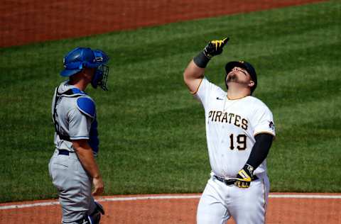 PITTSBURGH, PA - MAY 11: Daniel Vogelbach #19 of the Pittsburgh Pirates reacts after hitting a solo home run in the seventh inning against the Los Angeles Dodgers during the game at PNC Park on May 11, 2022 in Pittsburgh, Pennsylvania. (Photo by Justin K. Aller/Getty Images)