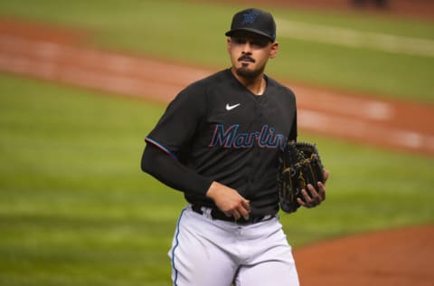 MIAMI, FLORIDA - JUNE 25: Pablo Lopez #49 of the Miami Marlins delivers a pitch against the Washington Nationals at loanDepot park on June 25, 2021 in Miami, Florida. (Photo by Mark Brown/Getty Images)