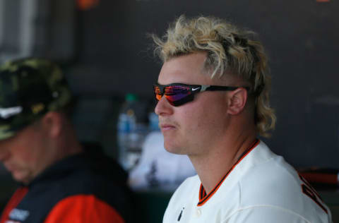 SAN FRANCISCO, CALIFORNIA - MAY 22: Joc Pederson #23 of the San Francisco Giants looks on from the dugout during the game against the San Diego Padres at Oracle Park on May 22, 2022 in San Francisco, California. (Photo by Lachlan Cunningham/Getty Images)