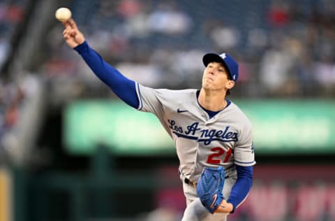 WASHINGTON, DC - MAY 24: Walker Buehler #21 of the Los Angeles Dodgers pitches in the first inning against the Washington Nationals at Nationals Park on May 24, 2022 in Washington, DC. (Photo by Greg Fiume/Getty Images)