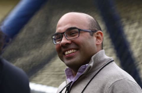 LOS ANGELES, CALIFORNIA - APRIL 03: Farhan Zaidi, former Los Angeles Dodgers General Manager and current President of Baseball Operations for the San Francisco Giants, looks on during batting practice prior to the MLB game between the San Francisco Giants and the Los Angeles Dodgers at Dodger Stadium on April 03, 2019 in Los Angeles, California. (Photo by Victor Decolongon/Getty Images)