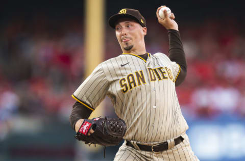 ST LOUIS, MO - MAY 31: Blake Snell #4 of the San Diego Padres pitches in the first inning against the St. Louis Cardinals at Busch Stadium on May 31, 2022 in St Louis, Missouri.(Photo by Matt Thomas/San Diego Padres/Getty Images)