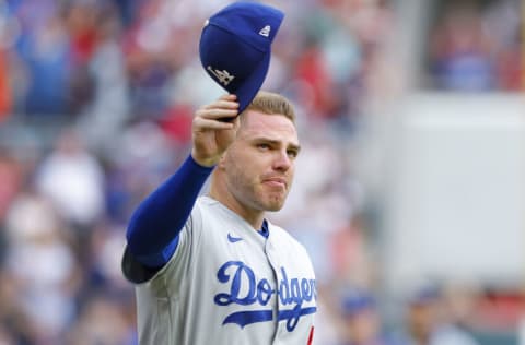 ATLANTA, GA - JUNE 24: Freddie Freeman #5 of the Los Angeles Dodgers gets emotional as he is introduced to the crowd prior to the game against the Atlanta Braves at Truist Park on June 24, 2022 in Atlanta, Georgia. (Photo by Todd Kirkland/Getty Images)