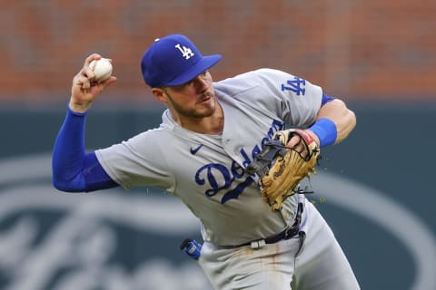 ATLANTA, GA – JUNE 26: Gavin Lux #9 of the Los Angeles Dodgers fields and throws to first during the first inning against the Atlanta Braves at Truist Park on June 26, 2022 in Atlanta, Georgia. (Photo by Todd Kirkland/Getty Images)