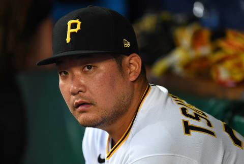 Yoshi Tsutsugo #25 of the Pittsburgh Pirates (Photo by Joe Sargent/Getty Images)