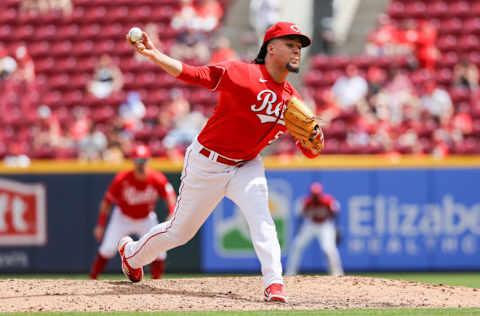 CINCINNATI, OHIO - JUNE 05: Luis Castillo #58 of the Cincinnati Reds pitches in the sixth inning against the Washington Nationals at Great American Ball Park on June 05, 2022 in Cincinnati, Ohio. (Photo by Dylan Buell/Getty Images)