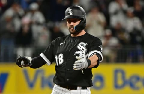 CHICAGO, ILLINOIS - JUNE 07: AJ Pollock #18 of the Chicago White Sox reacts on second base after his two run double in sixth inning against the Los Angeles Dodgers at Guaranteed Rate Field on June 07, 2022 in Chicago, Illinois. (Photo by Quinn Harris/Getty Images)