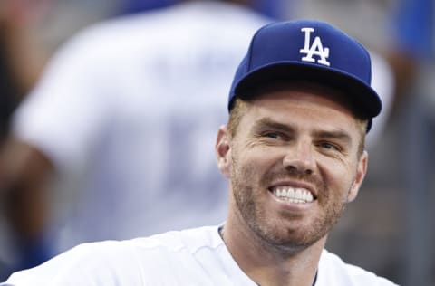 LOS ANGELES, CALIFORNIA - JUNE 14: Freddie Freeman #5 of the Los Angeles Dodgers reacts in the dugout prior to a game against the Los Angeles Angels at Dodger Stadium on June 14, 2022 in Los Angeles, California. (Photo by Michael Owens/Getty Images)