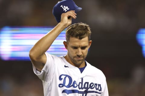 LOS ANGELES, CALIFORNIA - JUNE 15: Tyler Anderson #31 of the Los Angeles Dodgers tips his hat to the crowd after being relieved during a game against the Los Angeles Angels in the ninth inning at Dodger Stadium on June 15, 2022 in Los Angeles, California. The Dodgers won 4-1. (Photo by Michael Owens/Getty Images)