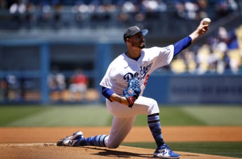 LOS ANGELES, CALIFORNIA - JUNE 19: Andrew Heaney #28 of the Los Angeles Dodgers throws against the Cleveland Guardians in the first inning at Dodger Stadium on June 19, 2022 in Los Angeles, California. (Photo by Ronald Martinez/Getty Images)