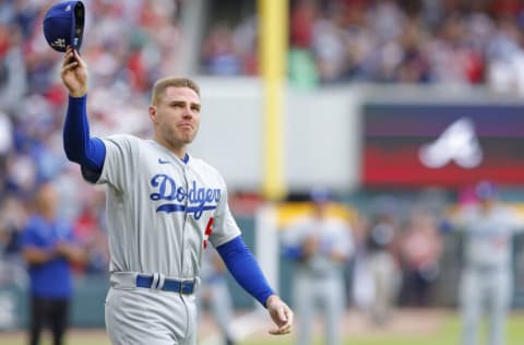 ATLANTA, GA - JUNE 24: Freddie Freeman #5 of the Los Angeles Dodgers gets emotional as he is introduced to the crowd prior to the game against the Atlanta Braves at Truist Park on June 24, 2022 in Atlanta, Georgia. (Photo by Todd Kirkland/Getty Images)