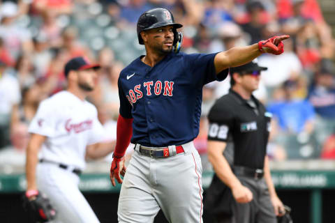 CLEVELAND, OH – JUNE 26: Xander Bogaerts #2 of the Boston Red Sox celebrates scoring on a two-run single by Trevor Story during the sixth inning against the Cleveland Guardians at Progressive Field on June 26, 2022 in Cleveland, Ohio. (Photo by Nick Cammett/Getty Images)