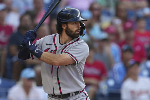 PHILADELPHIA, PA – JUNE 29: Dansby Swanson #7 of the Atlanta Braves bats against the Philadelphia Phillies at Citizens Bank Park on June 29, 2022 in Philadelphia, Pennsylvania. (Photo by Mitchell Leff/Getty Images)