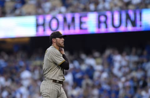 LOS ANGELES, CA - JUNE 30: Starting pitcher Joe Musgrove #44 of the San Diego Padres reacts after giving up a solo home run to Justin Turner #10 of the Los Angeles Dodgers during the second inning at Dodger Stadium on June 30, 2022 in Los Angeles, California. (Photo by Kevork Djansezian/Getty Images)