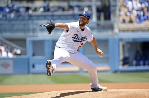 LOS ANGELES, CA - JULY 03: Starting pitcher Clayton Kershaw #22 of the Los Angeles Dodgers throws against the San Diego Padres during the first inning at Dodger Stadium on July 3, 2022 in Los Angeles, California. (Photo by Kevork Djansezian/Getty Images)