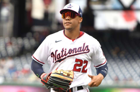 WASHINGTON, DC - MAY 25: Juan Soto #22 of the Washington Nationals runs back to the dug out during a baseball game against the Los Angeles Dodgers (Photo by Mitchell Layton/Getty Images)