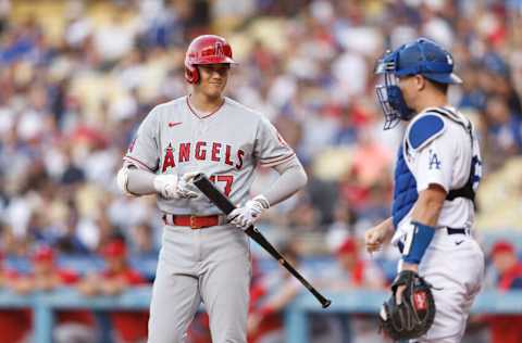 LOS ANGELES, CALIFORNIA - JUNE 14: Shohei Ohtani #17 of the Los Angeles Angels reacts while at bat during the first inning at Dodger Stadium on June 14, 2022 in Los Angeles, California. (Photo by Michael Owens/Getty Images)